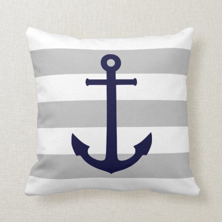 Navy Blue Anchor On Gray And White Stripes Throw Pillow