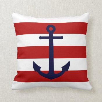 Navy Blue Anchor On Red And White Stripes Throw Pillow by RewStudio at Zazzle
