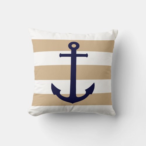 Navy Blue Anchor On Tan And White Stripes Throw Pillow