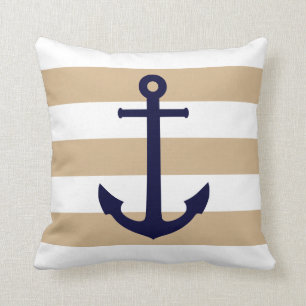Navy Blue Anchor On Tan And White Stripes Throw Pillow