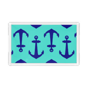 Navy Blue Anchor On Turquoise Coastal Decor Acrylic Tray