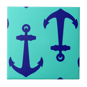 Navy Blue Anchor On Turquoise Coastal Decor Ceramic Tile