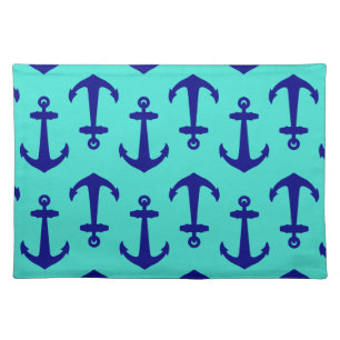 Navy Blue Anchor On Turquoise Coastal Decor Cloth Placemat