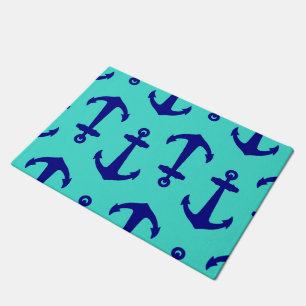 Navy Blue Anchor On Turquoise Coastal Decor Doormat