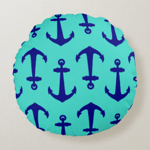 Navy Blue Anchor On Turquoise Coastal Decor Round Pillow