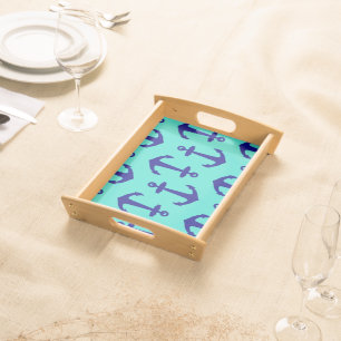 Navy Blue Anchor On Turquoise Coastal Decor Serving Tray