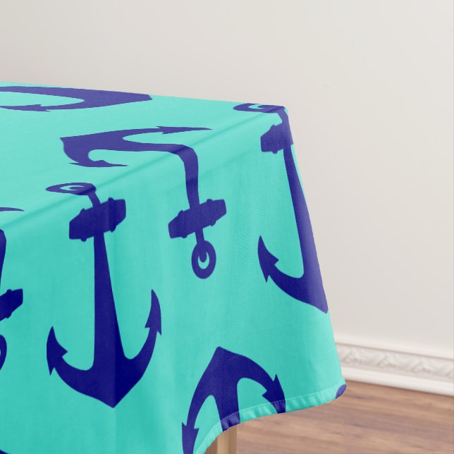 Navy Blue Anchor On Turquoise Coastal Decor Tablecloth (In Situ)