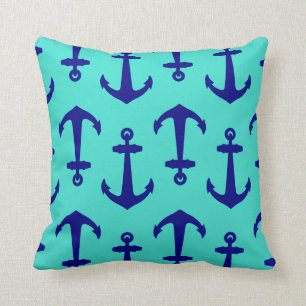 Navy Blue Anchor On Turquoise Coastal Decor Throw Pillow