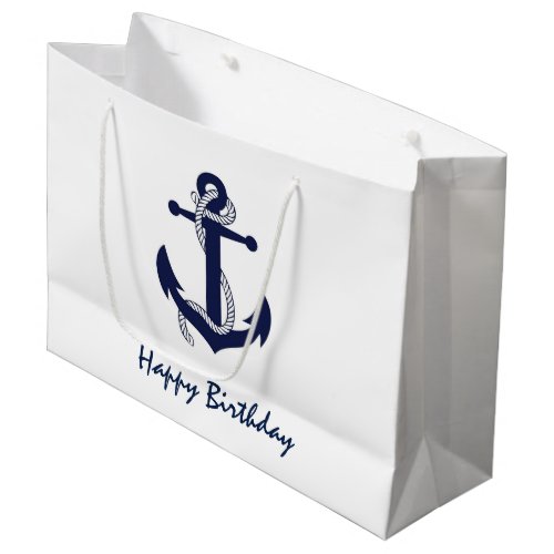 Navy Blue Anchor on White Nautical Birthday Large Gift Bag