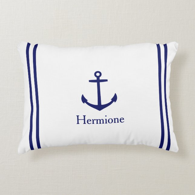Navy Blue Anchor on White Personalized Accent Pillow (Front)
