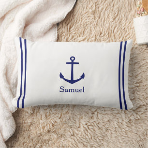 Navy Blue Anchor on White Personalized Lumbar Pillow