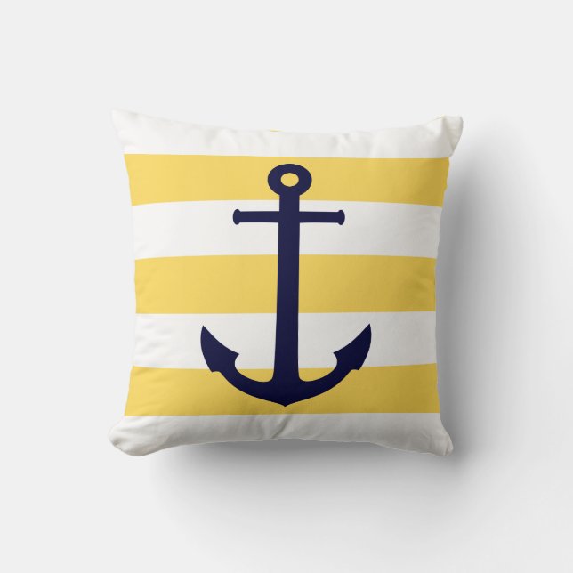 Navy Blue Anchor On Yellow And White Stripes Throw Pillow (Front)