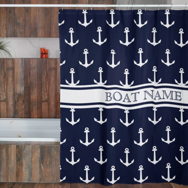 Navy Blue Anchor Pattern Nautical Boat Name Shower Curtain (Creator Uploaded)