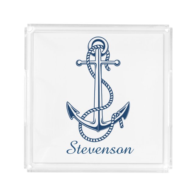 Navy blue anchor personalized acrylic serving tray (Front)