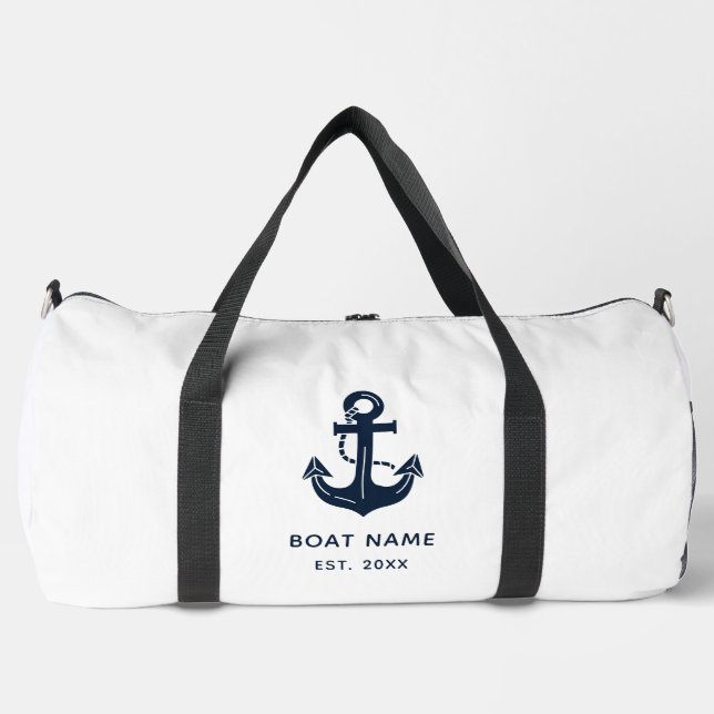 Navy Blue Anchor Personalized Boat Name Duffle Bag (Front)