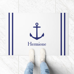 Navy Blue Anchor Personalized White Nautical Doormat