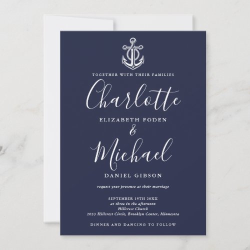 Navy Blue Anchor QR Code Nautcial Wedding Invitation