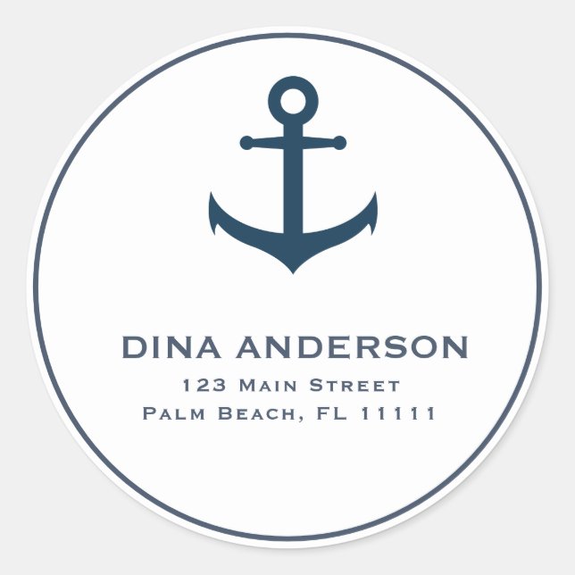 Navy Blue Anchor Round Return Address Label (Front)