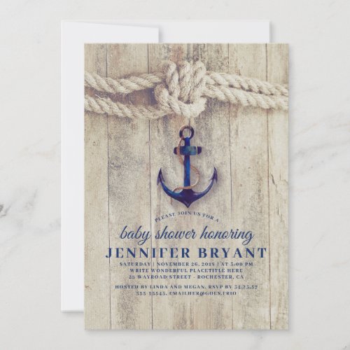 Navy Blue Anchor Rustic Nautical Baby Shower Invitation - Nautical baby shower invitations with the navy blue anchor, marine rope and driftwood background.