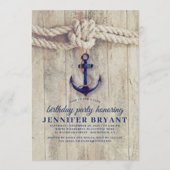 Navy Blue Anchor Rustic Nautical Birthday Invitation by jinaiji at Zazzle
