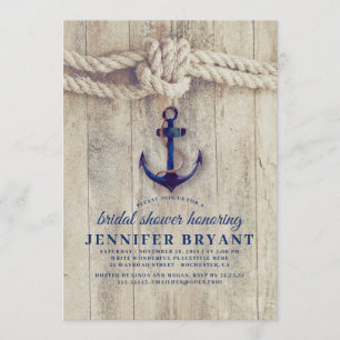 Navy Blue Anchor Rustic Nautical Bridal Shower Invitation