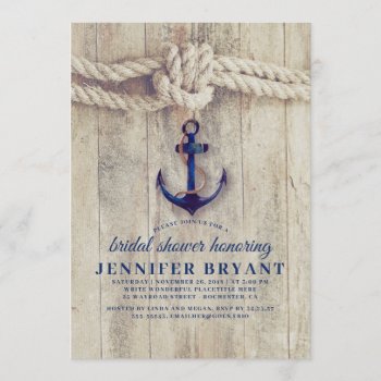 Navy Blue Anchor Rustic Nautical Bridal Shower Invitation by jinaiji at Zazzle