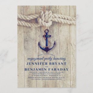 Navy Blue Anchor Rustic Nautical Engagement Party Invitation
