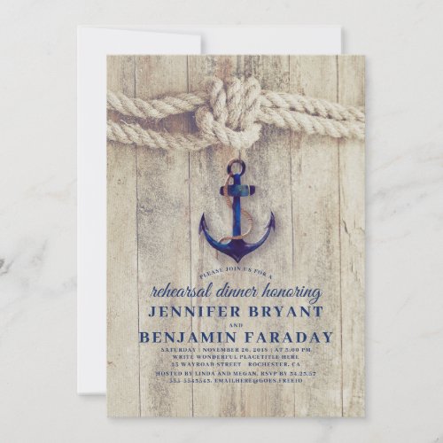 Navy Blue Anchor Rustic Nautical Rehearsal Dinner Invitation - Navy blue boat anchor with marine rope - rustic driftwood unique nautical beach rehearsal dinner invitations