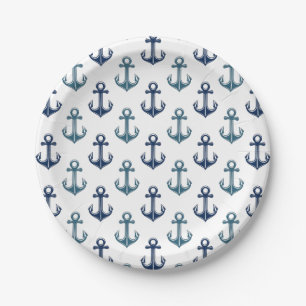 Navy Blue Anchor Sailing Two-Tone Nautical Paper Plates