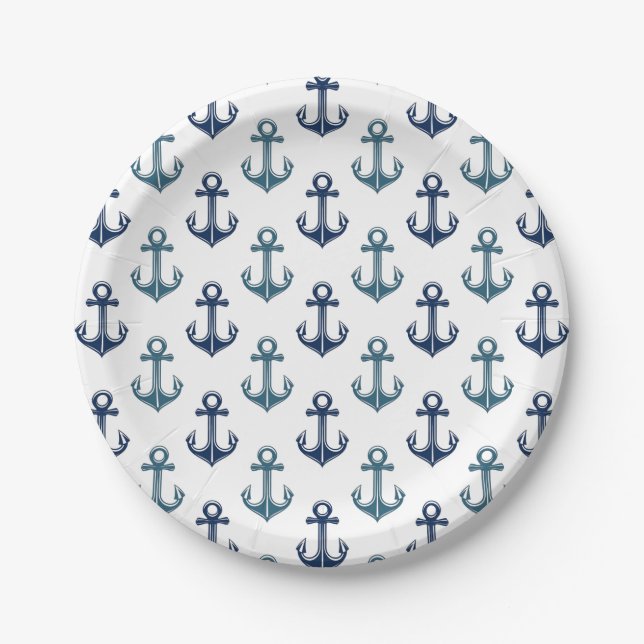 Navy Blue Anchor Sailing Two-Tone | Nautical Paper Plates (Front)