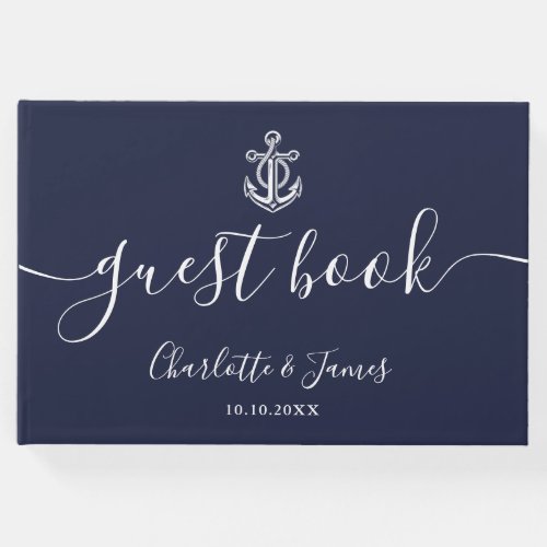 Navy Blue Anchor Script Nautical Wedding Guest Book