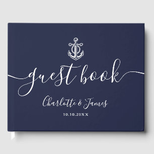 Navy Blue Anchor Script Nautical Wedding Guest Book
