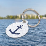 Navy Blue Anchor Silhouette And Custom Info Pet ID Tag<br><div class="desc">This pet tag features a dark blue anchor silhouette. The background is white with light blue waves pattern. On the other side there are customizable text areas for the name of the pet and for a phone number.</div>