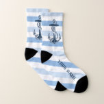 Navy Blue Anchor Striped With Your Name Large Socks at Zazzle