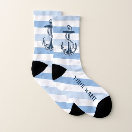 Navy Blue Anchor Striped With Your Name Large Socks