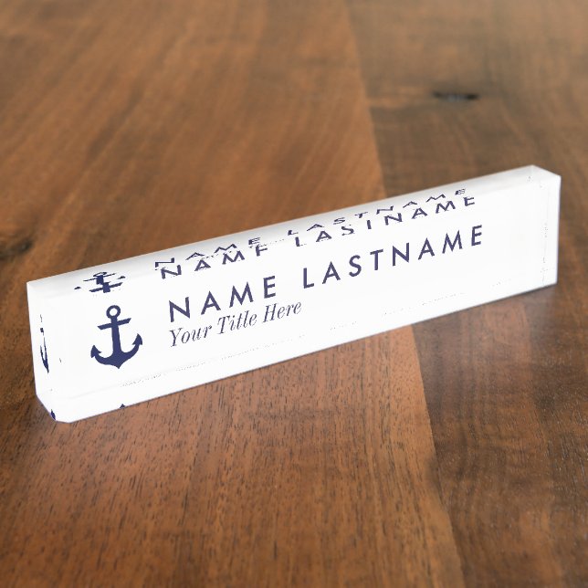 Navy Blue Anchor White Custom Desk Nameplate (Side)