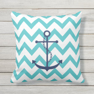 Navy Blue Anchor with Aqua Chevron Pattern Outdoor Pillow