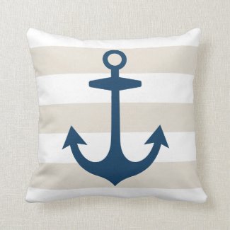 Navy Blue Anchor with Beige Nautical Stripes Throw Pillow