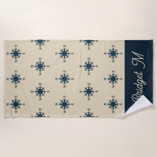 navy blue Anchor with Monogram Beige Coastal Beach Towel
