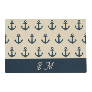 navy blue Anchor with Monogram Beige Coastal Placemat