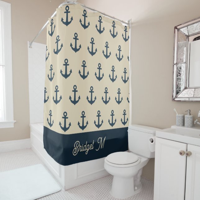 navy blue Anchor with Monogram Beige Coastal  Shower Curtain (In Situ)