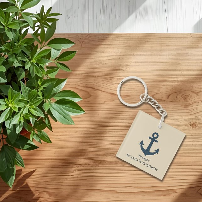 navy blue Anchor with Name and Coordinates Keychain (Creator Uploaded)