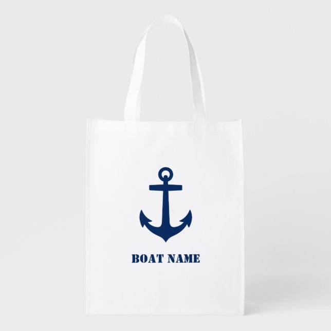 Navy Blue Anchor With Your Boat Name 2 Sided Grocery Bag (Front)