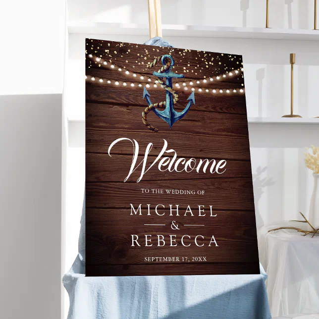 Navy Blue Anchor Wood Wedding Welcome Sign | Zazzle