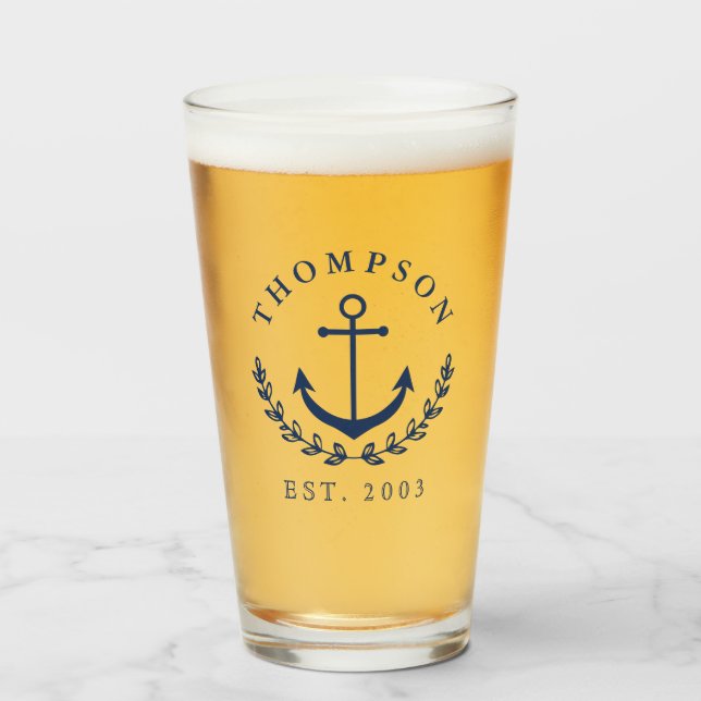 Navy Blue Anchor & Wreath Nautical Name & Year Est Glass (Front Filled)