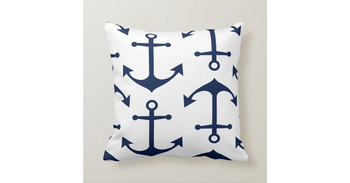 Navy Blue Anchors On White Nautical Throw Pillow Zazzle Com
