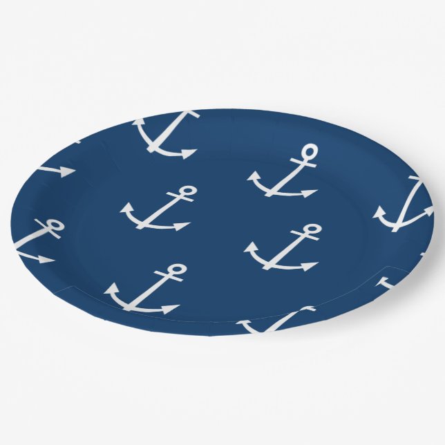 Navy Blue Anchors Pattern 1 Paper Plates (Angled)