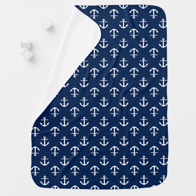 Navy Blue Anchors Pattern Baby Blanket (In Situ)