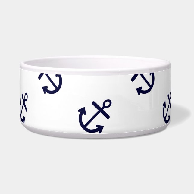 Navy Blue Anchors White Background Pattern Bowl (Front)