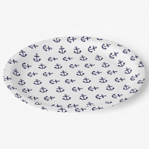 Navy Blue Anchors White Background Pattern Paper Plates